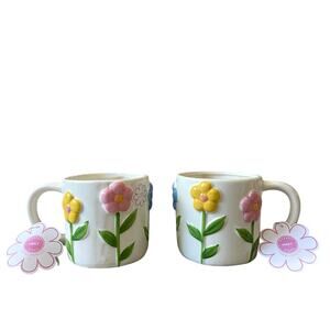 Hand Painted 3D Spring Floral Ceramic Mugs Pink Blue Yellow Set of 2 NEW